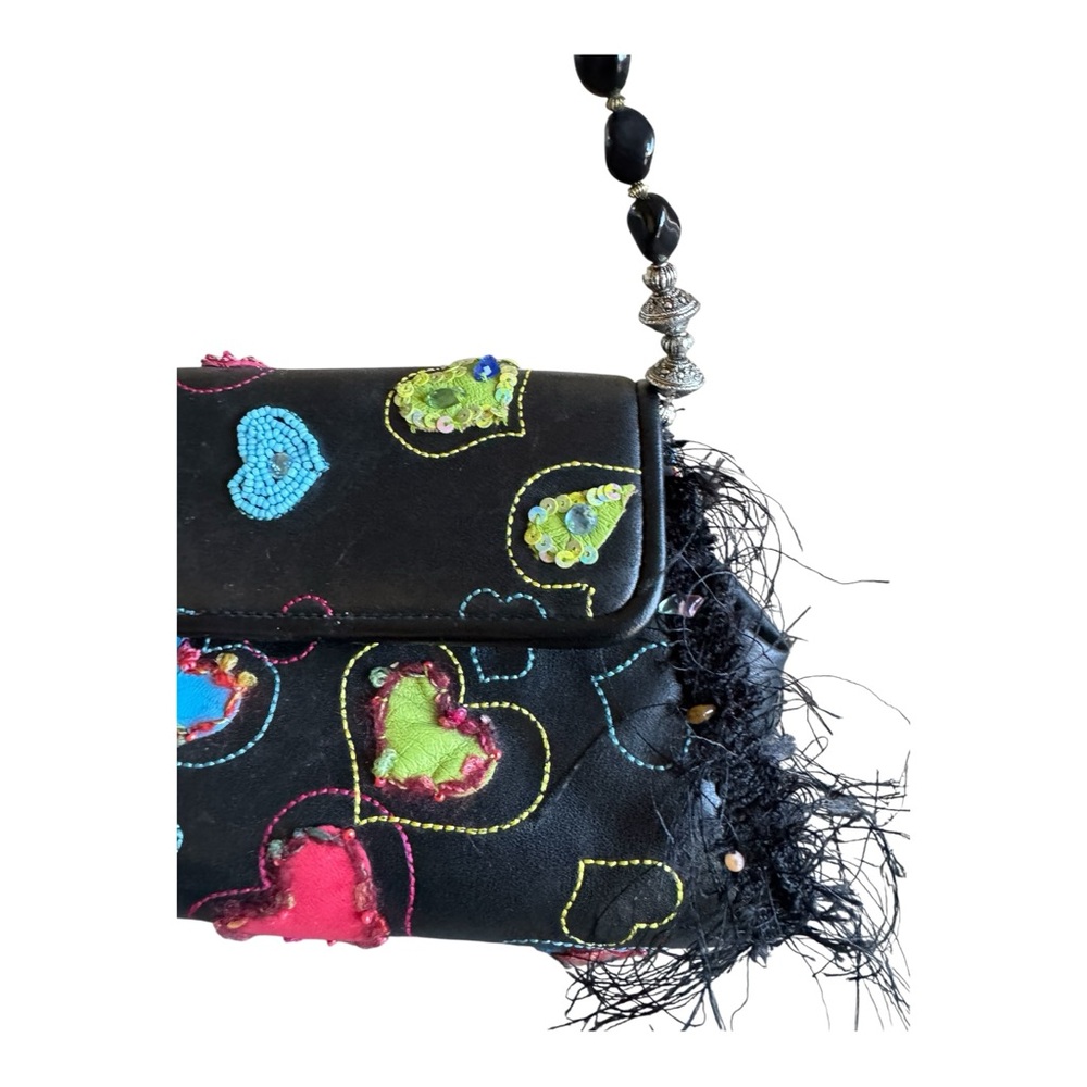 Rare! Vintage Mary Frances Black Shoulder Bag Beaded Colorful Heart Accents - Picture 8 of 17